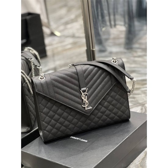 Yves Saint Laurent YSL Envelope Large 31 Black Silver Hardware Grained Leather Model: 487198 Size: 31×22×7.5cm