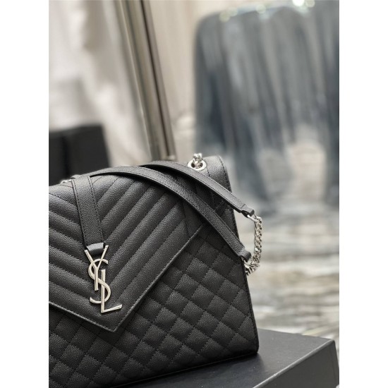 Yves Saint Laurent YSL Envelope Large 31 Black Silver Hardware Grained Leather Model: 487198 Size: 31×22×7.5cm