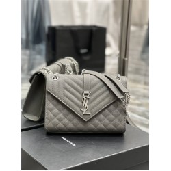 Yves Saint Laurent YSL Envelope Medium 24 Grey Silver Hardware Grained Leather Model: 487206 Size: 24x17.5x6cm