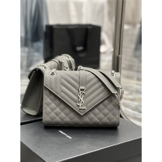 Yves Saint Laurent YSL Envelope Medium 24 Grey Silver Hardware Grained Leather Model: 487206 Size: 24x17.5x6cm