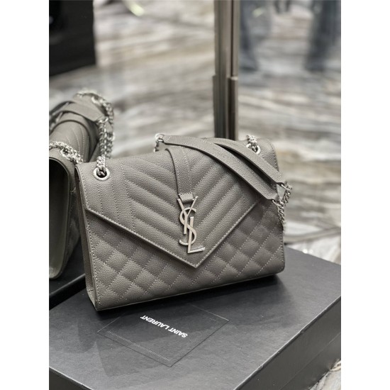 Yves Saint Laurent YSL Envelope Medium 24 Grey Silver Hardware Grained Leather Model: 487206 Size: 24x17.5x6cm