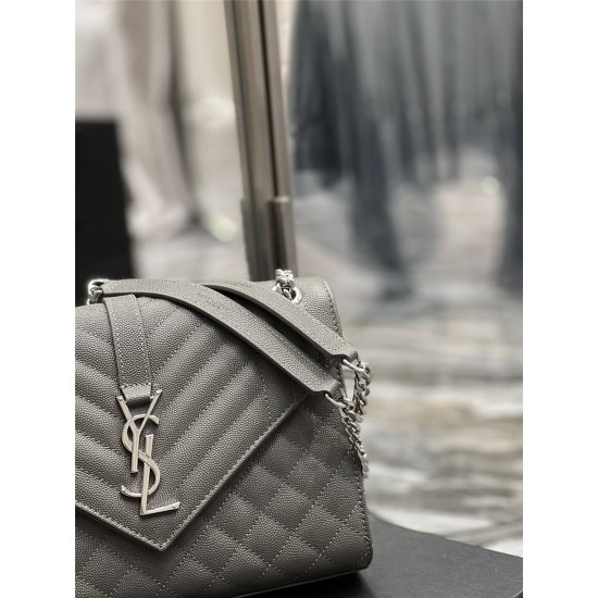 Yves Saint Laurent YSL Envelope Medium 24 Grey Silver Hardware Grained Leather Model: 487206 Size: 24x17.5x6cm