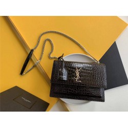 Yves Saint Laurent YSL Sunset Crocodile Leather Medium 22 Black Silver Hardware Model: 442906 Size: 22×16×8cm