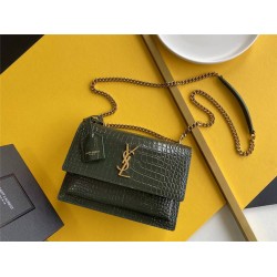 Yves Saint Laurent YSL Sunset Crocodile Leather Medium 22 Black Gold Hardware Model: 442906 Size: 22×16×8cm