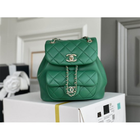 Chanel backpack green champagne gold 18.5x18x12cm small Hass leather