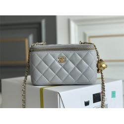 Chanel Vanity box  grey style lambskin Hass  gold ball 9.5x17x8cm