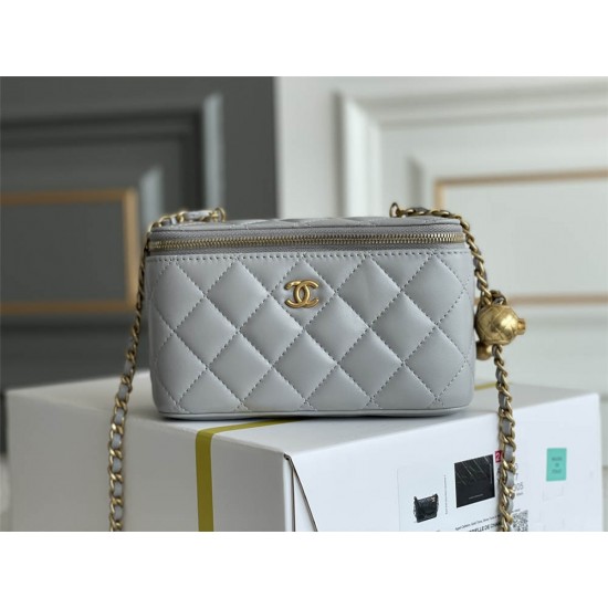 Chanel Vanity box  grey style lambskin Hass  gold ball 9.5x17x8cm