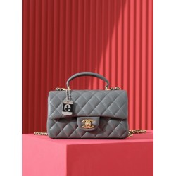 Chanel classic flap bag with handle grey lambskin 20x12x6cm gold 