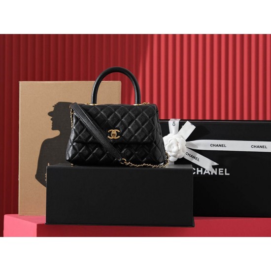 Chanel coco handle black  gold caviar 14*24*10 cm