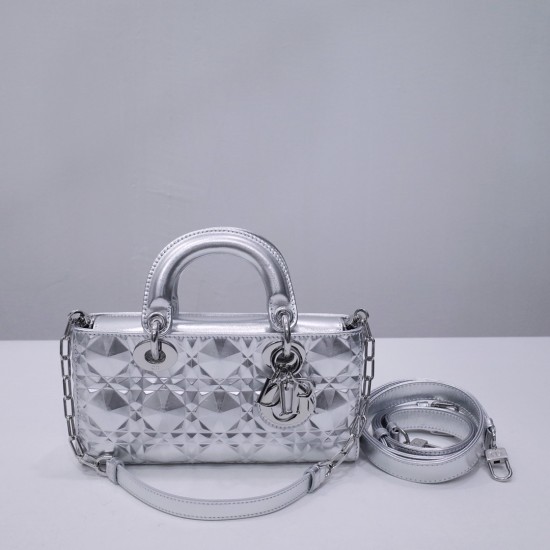 Dior Lady D-Joy calf skin silver 22.5*12*6cm medium